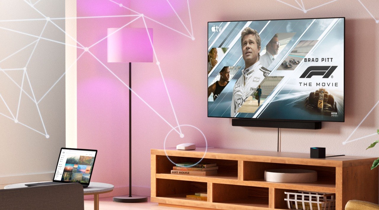 Fire TV Cube connected in a Wi-Fi 6E home-entertainment setup